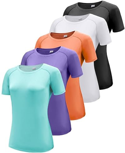 5er Pack Sport T-Shirt Damen, Fitness Sport Shirt Kurzarm Oberteile, Rundhals Funktionsshirt Laufshirt für Frauen, Workout Tops, Gym Yoga Shirt Damen, Kurzarm Trainingsshirt 5P06-L