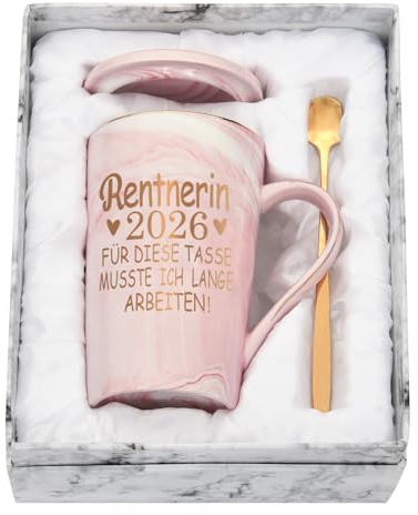 Diztoud Renteneintritt Geschenk Frau, Ruhestand Geschenk Frauen, Geschenke für Frauen zum Renteneintritt, Rentner, Rentnerin 2026 Tasse, 400ML Keramik Marmorbecher mit Deckel Löffel und Geschenkbox