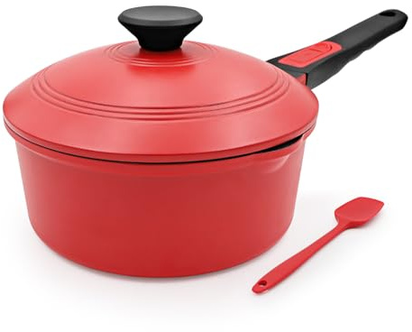 2,5 L Stielkasserolle Antihaft mit Aluminium Deckel, Kasserolle 20cm-Rot | mit abnehmbarem Griff, Backen, Schmoren, Braten, Suppe, PTFE & PFOA Free