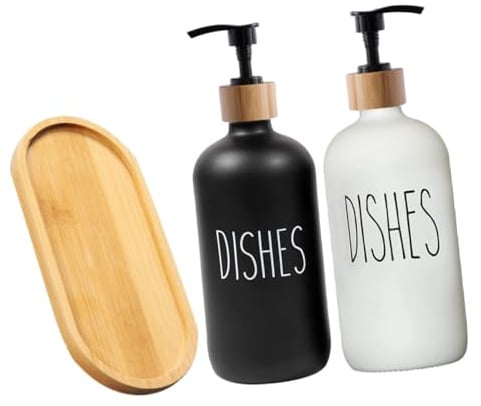 MOTHNUR Distributeur Savon Verre Rechargeable avec Pompe et Plateau Flacon Pompe Pression pour Shampooing Lotion et Liquide Vaisselle Design Élégant pour Salle de Bain et Cuisine
