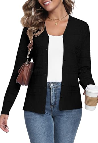 YUNDAI Damen Strickjacken Cardigan V-Ausschnitt langärmelig leicht knopfverschlossen offener Vorderteil Pullover Damentops strukturiertes Strickmuster Überzieher