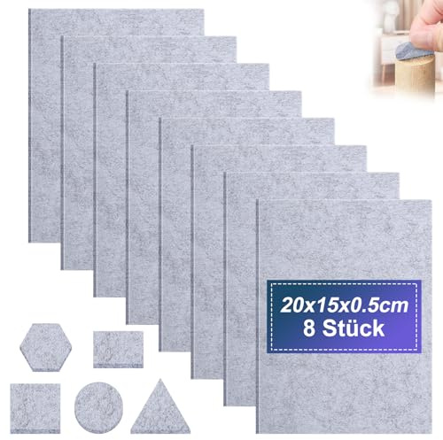 Selbstklebende Filzgleiter 8 Stück, Filzgleiter Selbstklebend 15x20cm, 4mm, Filz für Stühle Schneidbar für Stühle & Möbel, Bodenschutz, Stark Klebendes Anti-Rutsch-Grau