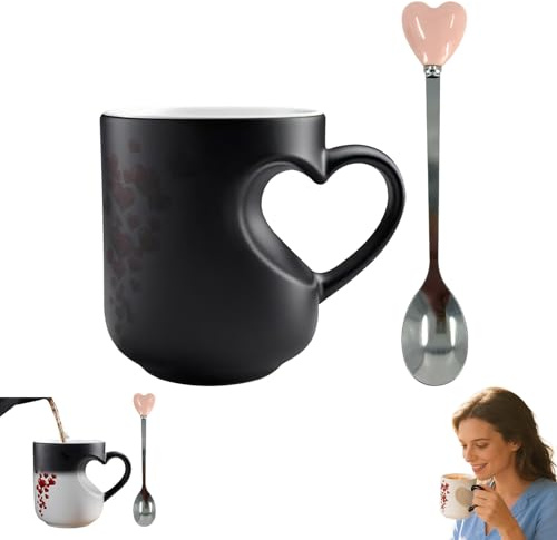 Colour Changing Mug with Heart Shaped Handle Fun Heart-Shaped Magic Ceramic Mugs Personalized 11oz Love Hearts Color Heat Changing Romantic Beverage Coffee Mug Gift for Valentine's Day Couples (Black)
