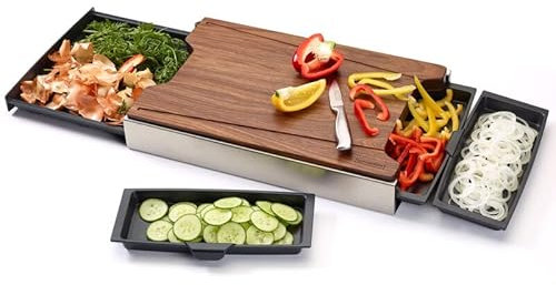 Schneidbox Nussbaum - Schneidebrett Mit 4 Auffangschalen Im Edelstahlkasten - Patentiertes Trennsystem - Made In Germany - 46 x 30 x 7 cm