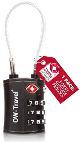 OW-Travel Kabelschloss 3 Stellig Zahlenschloss Kofferschloss Vorhängeschloss Gepäckschloss Sicherheitsschloss TSA Lock Cable USA Schloss Zahlencode für Reisekoffer Spind Rucksack Luggage:1 Schwarz