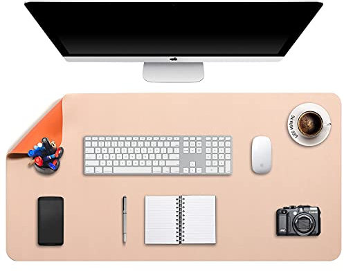 DOBAOJIA Mausepad XXL, Große Mausmat, Laptop-Schreibtischmatte, Schreibtischunterlage, Büro Schreibtisch Pad, Schreibblock, Doppelseitige Verwendung PU Leder Wasserdicht, 90 x 43cm Beige/Orange
