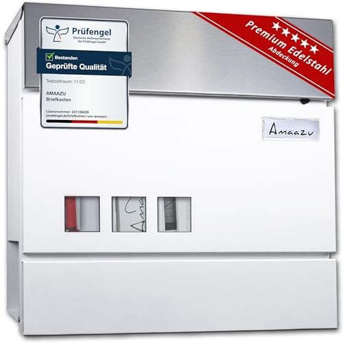 AMAAZU Briefkasten Weiß/Edelstahl [Waagerechte Sichtfenster] Postkasten mit Zeitungsfach Postbox groß XXL Namensschild Schloss mit 2 Schlüssel Design Letterbox RAL 9016 weiß