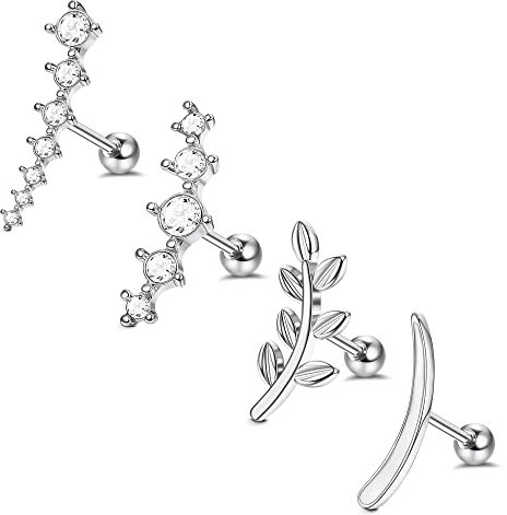 JeryWe 4 Pcs 16G Knorpel Ohrstecker für Damen Chirurgenstahl Tragus Helix Ohrringe Piercings Opal CZ Blatt Kurve Conch Ohrringe Silber2
