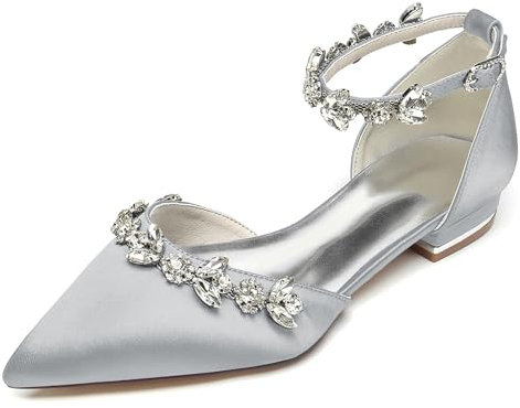 Hanfike Damen Spitz Hochzeits Flache Pumps Ketten Brautschuhe Komfort Hochzeits Abend Kleidschuhe mit Strass JY323 Silber EU 37.5