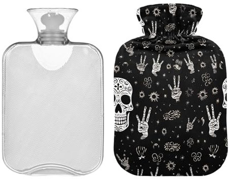 2L Large Hot Water Bottle Bag with Cover, Funny Skull Black Winter Hot Water Bag for Hot and Cold Therapies, Neck, Shoulders and Legs Pain Relief, Menstrual Cramps