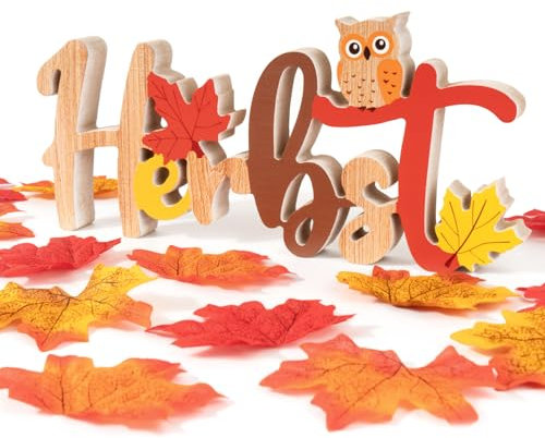 BOFUNX Herbst Deko Holz Schriftzug Herbst Tischdeko mit 50pcs Herbstblätter Tisch Ornament Deko Tischaufsätze Herbst Thanksgiving Tischdekoration