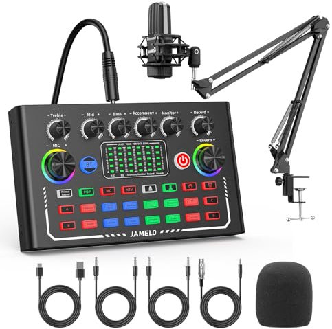 Podcast Equipment Bundle, JAMELO Studio Equipment Kit with Condenser Microphone/Mic Arm/Voice Changer, OTG, Audio Mixer Sound card for Phone/PC/Laptop, Perfect for Recording Broadcast Streaming Gaming