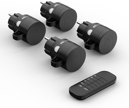 conecto Funksteckdosen mit Fernbedienung Aussen, 2300 Watt, 230V, 4 x Steckdose mit Funkfernbedienung, Outdoor Set, IP44, Stromsparen, 30m Reichweite, Schwarz