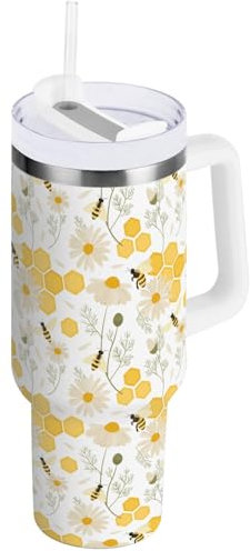 Mnsruu 40 oz Tumbler with Straw Lid Honey Bee Flower Tumbler with Handle Insulated Stainless Steel Water Bottle Coffee Travel Mug 1.18L