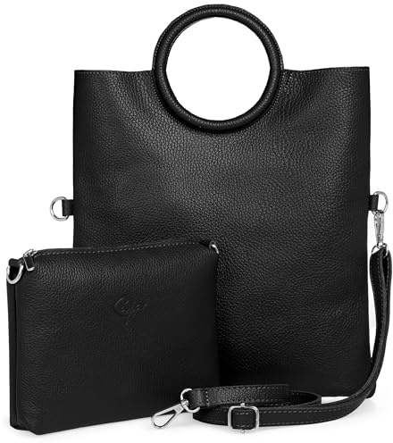 Caspar 2 in 1 Leder Set Umhängetasche mittelgroße Damen Handtasche Crossbody Bag mit herausnehmbarer Innentasche - CLASSIC LINE - Modell No.836 - Made in Italy, Farbe:schwarz