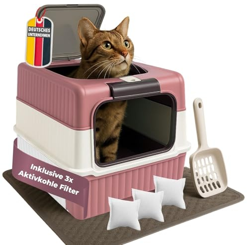 Coemo Katzentoilette mit Deckel Rosa, geruchsbindende Aktivkohlefilter, Katzenklo mit Schublade + Schaufel für einfache Reinigung, schwenkbare Pendeltür, für Katzen und Kleintiere, wie Kaninchen