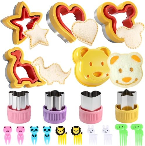 Sandwich Cutters for Kids - 5PCS Cute Cartoon Animal & Dinosaur Shapes with 10 Animal Forks, Cookie & Fruit Cutters Set, Fun Lunch Box Tools for Toddlers Children's Party, Picnic, School