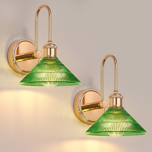 Vikdio Wandleuchte Set 2-tlg, Goldfarben Vintage Wandlampe mit Rundem Grünen Glasschirm, Festverkabelte Wandleuchten für Schlafzimmer, Badezimmer, Wohnzimmer | Inkl. 2 LED Birnen