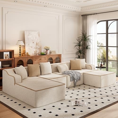 PHI VILLA Modular Boneless Couch, U-Shaped 6 Seater Cloud Sofa for Living Room, Foam Compressed Corner Sectional Sofas with Deep Seat and 6 Pillows, No Assembly Required, Corduroy Beige