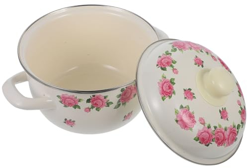 SHINEOFI 18cm Retro Yellow Enamel Stock Pot with Lid Double Handles Milk Soup Sauce Pan for Stove Cooking