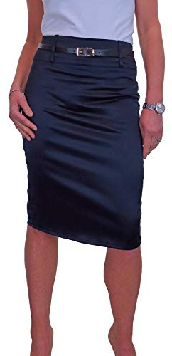 icecoolfashion Women's Stretch Satin Below Knee Bodycon Pencil Skirt with Belt Party Evening Business Navy Blue (12)
