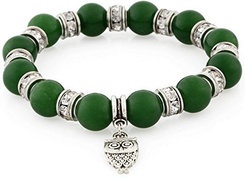 Morella Damen Armband Steinperlen mit Anhänger Eule und Zirkoniasteinen elastisch grün