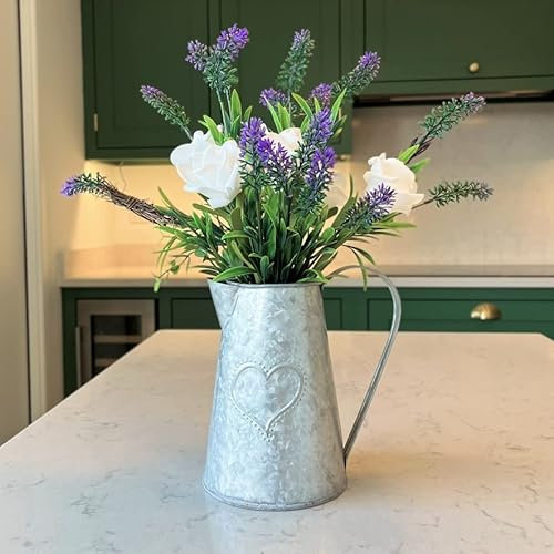 38cm Artificial Flower Arrangement Ivory Rose And Lavender Flower ~ Faux Floral Home Decoration - Vintage Heart Metal Jug Vase