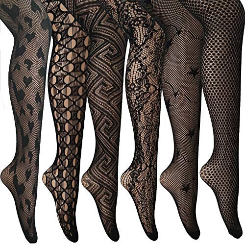 ANDIBEIQI Collants Bas Résille 6 Paires Femmes Hollow Collant extensible filet élastique confortable noir/motifs fleurs, Noir, Taille unique