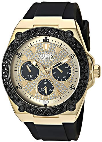 GUESS Black Gold-Tone Glitz Stain Resistant Silicone Watch with Day, Date + 24 Hour Military/Int'l Time. Color: Black (Model: U1257G1)