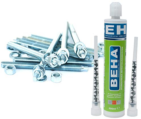 Montageset: 10 Ankerstangen, Verbundanker, Bolzen verzinkt M8 x 110mm + 300ml Verbundmörtel, Injektionsmörtel (25,33€/L)