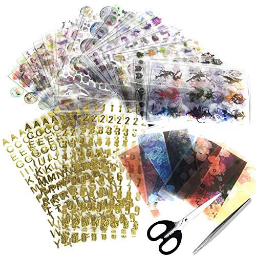Woohome 39 Stück Harz Aufkleber Kit, 37 Stück Holographische Zauberkreise Transparent Dekorieren Aufkleber und Schere Pinzette für UV Harz Handwerk