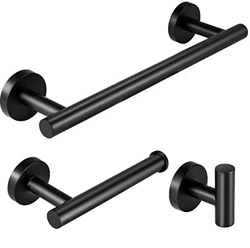 YUET Black Bathroom Accessories Accessory Bars Set Hand Towel Holders Ring Rails For Bathrooms SUS 304 Stainless Steel Hardware Wall Mounted Rack, 12 Bath Bar + Toilet Paper Holder + Robe Hook