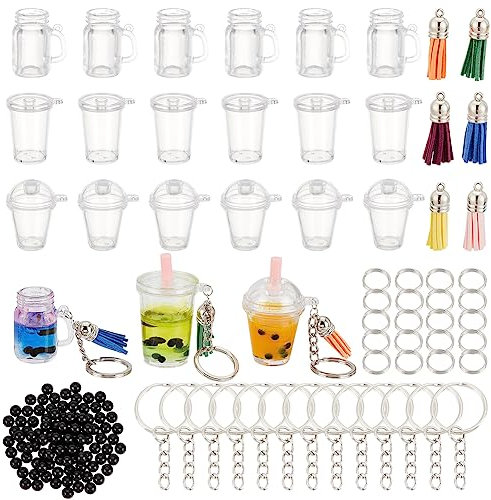 OLYCRAFT 218 Stück Mini Cup Keychain Kit Bubble Tea Schlüsselbund Zubehör Set NO-Glue Bubble Tea Schlüsselanhänger Set Mini-Cup-Anhänger mit Schlüsselanhänger Ringe für Schlüsselanhänger machen