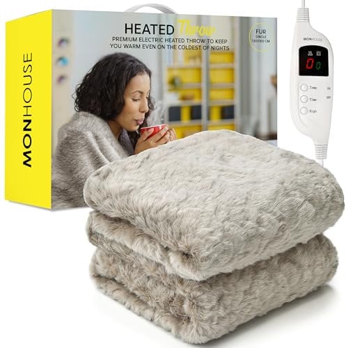 MONHOUSE Heated Throw - Electric Blanket - Digital Controller - Timer up to 9 hours, 9 Heat Settings, Auto Shutoff - Machine Washable - Single 130X160cm - FUR