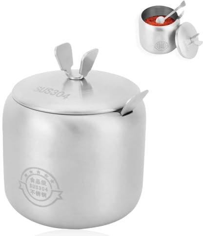 Sucrier en Acier Inoxydable,Petit Sucrier,Pot à épices pour condiments de maison,sucrier boule,Sucrier avec Couvercle et Cuillère Bol à Sucre Boîte à Sel Pot à Condiments pour La Cuisine et La Maison