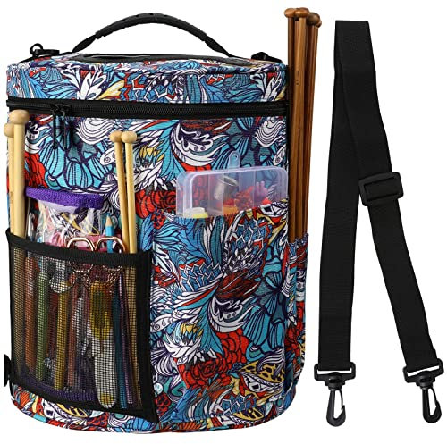 KOKNIT Tragbare Aufbewahrungstasche für Strick- und Häkelarbeiten, Garn-Organizer-Tasche mit Abdeckung und Schultergurt für Garn, unfertige Projekte, Verschiedene Nadeln und andere Zubehörteile