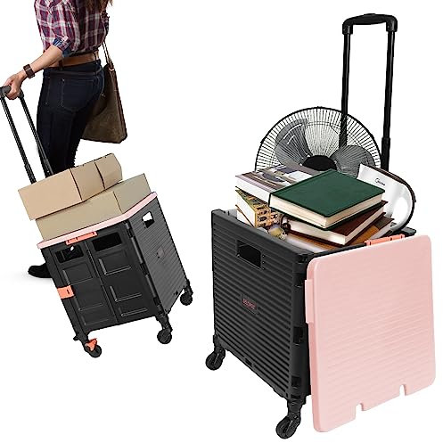 Einkaufstrolley Klappbar, Einkaufswagen Kunststoff Faltbar, Transport Trolley, bis 50 kg, Einkaufskorb mit Deckel, Ausziehbarer Alu Ausziehgriff, Mit Universal-Mute- 8 rädern,Rosa