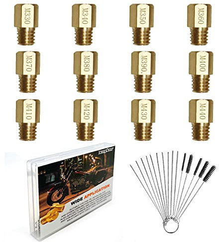 M5 Vergaser Düsen, Set 12 Düsen 5mm für Vergaser, Düsenset Feinabstimmung Vergaserdüsen Satz Hauptdüsen,330 340 350 360 370 380 390 400 410 420 430 440 für Roller Motorrad Schaltmoped Mit Bürste