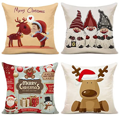 YCOLL Kissenbezug 50x50 4er Set Kissenbezug Weihnachten Kissenbezüge Dekokissen Leinen Kissenhüllen für Deko Weihnachten Sofa Schlafzimmer Couch 50x50 cm
