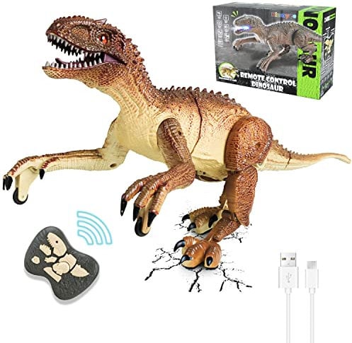 Kizmyee Dinosaurier Spielzeug, Dino Ferngesteuertes Velociraptor für Kinder, Realistische Gehbewegungen, Brüllt, Leuchtende Augen und Kopfschütteln, Geburtztag Geschenk Ostergeschenke für Kinder