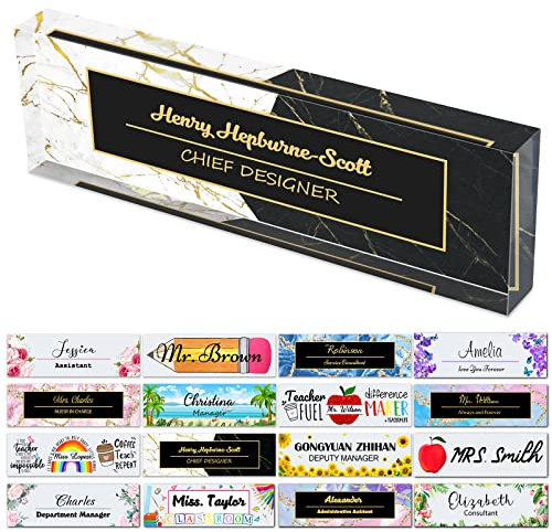 Placas de nombre de escritorio para oficina, placas de nombre acrílicas personalizadas para escritorios, diseño de mármol en decoración transparente de apreciación regalo (8 x 2.5 pulgadas)