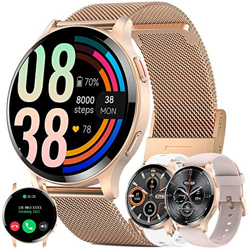 Smartwatch Damen mit Telefonfunktion 1,43 HD Voll Touchscreen Uhren Fitness Tracker 15 Sportmodi Aktivitätstracker 5ATM Wasserdicht mit Schlafmonitor Schrittzähler für Männer IOS Android (Gold)