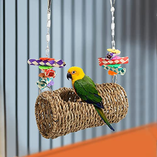 Tunnel Tissé D'herbe de Perroquet, Jouets de Balançoire D'oiseau, Maison de Paille de Jouet de Tunnel D'herbe de Cachette Tissée à la Main, Tunnel D'herbe de Perroquet à Mâcher Balançoire Relaxante Jo