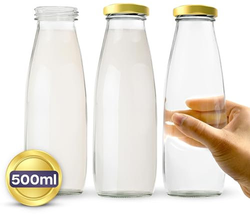 volila Glass Milk Bottles with Lids - 3 Pack x 500ml Glass Bottles with Lids, Labels, and Pen - Reusable Milk Bottle for Juices, Dressings, Sauces, Beverages, Decoration and Storage (Gold Lid)