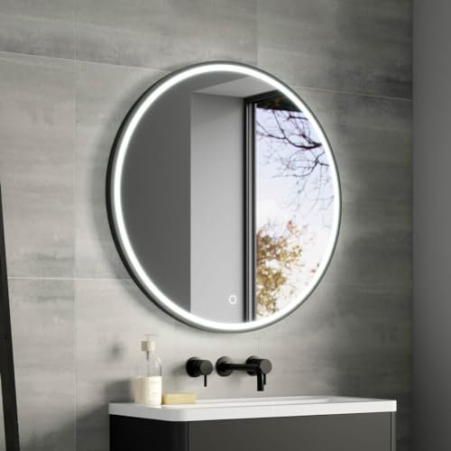 Illuminated Round Bathroom Mirror with LED Lights 800mm IP44 Rated - Kali 3-Colour Dimmable LED Bathroom Mirror with Lights, Demister Pad, Touch Sensor Switch, Black Framed Wall-Mounted Vanity Mirrors