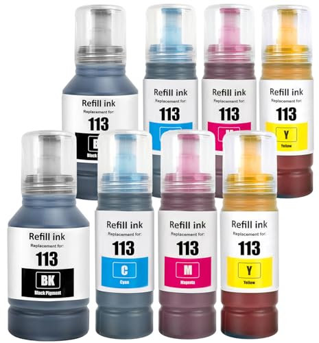 SHUOLEI 113 Tinte Kompatibel mit Epson 113 Tintenpatronen Nachfülltinte Multipack für ET-5850 ET-16600 ET-5150 ET-5170 ET-5150 ET-16650 ET-15000 ET-5100 ET-5800 ET-5880 ET-16150 (8 Pack 2BK/2C/2M/2Y)