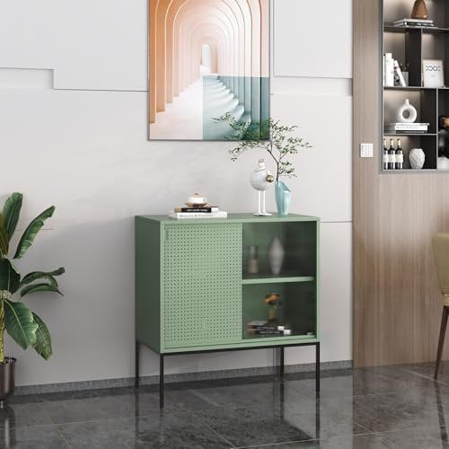 [en.casa] Sideboard Eidsvoll Wohnzimmerschrank Kommode mit Glas-Akzent Vitrinenschrank Geriffeltes Glas Aufbewahrungsschrank 80x45x85cm Grün