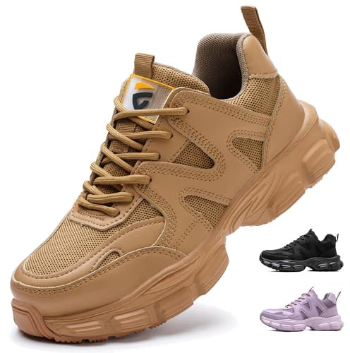 Zapatos de Seguridad para Mujer Ligeros Comodos Zapatillas de Trabajo con Punta de Acero Antideslizantes Calzado de Seguridad Deportivo C01 Marrón/37