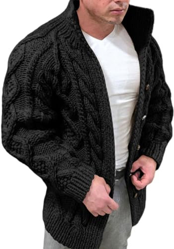 Men'S Long-Sleeved Cardigan, Cable Knit, Chunky Knit Cardigan Warm In Winter Sweater Business Jacket Regular Fit, Ideal For Casual Looks S-3Xl,Black,L