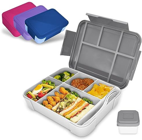 IJIAMY Bento Lunch Box Kids, Bento Box Lunch Box Adults with 5 Compartments and 1 Salad Dressing Containers, Snack Box for Kids and Adults Work School (Grey)